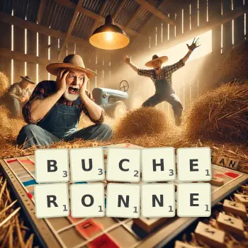 Illustration créative d'un jeu de lettres avec le mot BUCHERONNE épelé sur le plateau.