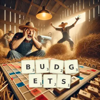 Illustration créative d'un jeu de lettres avec le mot BUDGETS épelé sur le plateau.