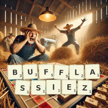 Illustration créative d'un jeu de lettres avec le mot BUFFLASSIEZ épelé sur le plateau.