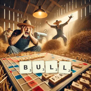 Illustration créative d'un jeu de lettres avec le mot BULL épelé sur le plateau.