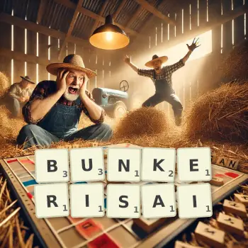 Illustration créative d'un jeu de lettres avec le mot BUNKERISAI épelé sur le plateau.