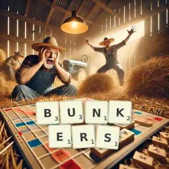 Illustration créative d'un jeu de lettres avec le mot BUNKERS épelé sur le plateau.