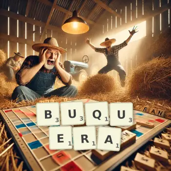 Illustration créative d'un jeu de lettres avec le mot BUQUERA épelé sur le plateau.