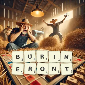 Illustration créative d'un jeu de lettres avec le mot BURINERONT épelé sur le plateau.