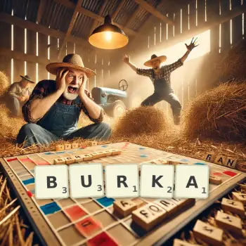 Illustration créative d'un jeu de lettres avec le mot BURKA épelé sur le plateau.