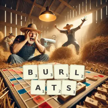 Illustration créative d'un jeu de lettres avec le mot BURLATS épelé sur le plateau.