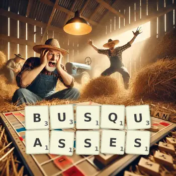 Illustration créative d'un jeu de lettres avec le mot BUSQUASSES épelé sur le plateau.