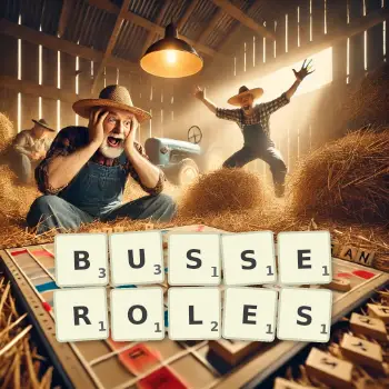 Illustration créative d'un jeu de lettres avec le mot BUSSEROLES épelé sur le plateau.