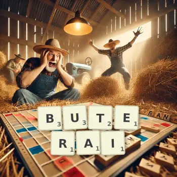 Illustration créative d'un jeu de lettres avec le mot BUTERAI épelé sur le plateau.