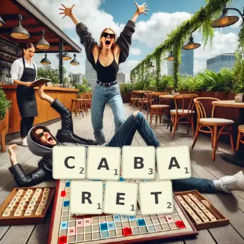 Illustration créative d'un jeu de lettres avec le mot CABARET épelé sur le plateau.