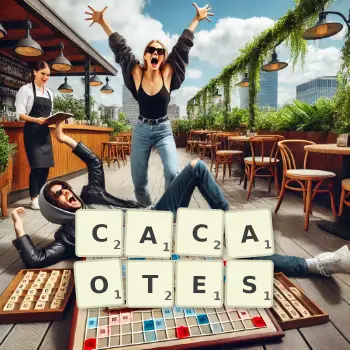 Illustration créative d'un jeu de lettres avec le mot CACAOTES épelé sur le plateau.