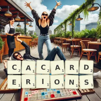 Illustration créative d'un jeu de lettres avec le mot CACARDERIONS épelé sur le plateau.