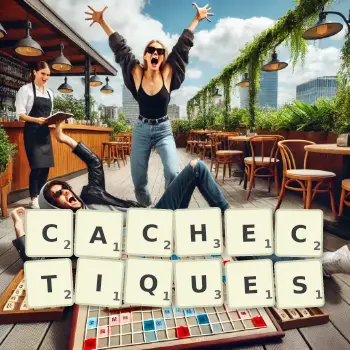 Illustration créative d'un jeu de lettres avec le mot CACHECTIQUES épelé sur le plateau.