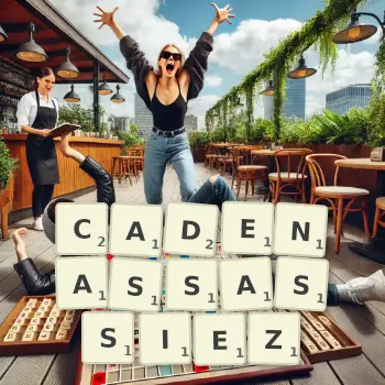 Illustration créative d'un jeu de lettres avec le mot CADENASSASSIEZ épelé sur le plateau.