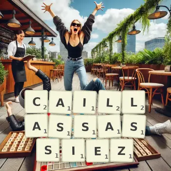 Illustration créative d'un jeu de lettres avec le mot CAILLASSASSIEZ épelé sur le plateau.