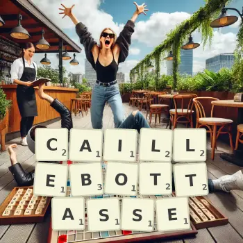 Illustration créative d'un jeu de lettres avec le mot CAILLEBOTTASSE épelé sur le plateau.