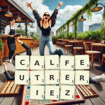 Illustration créative d'un jeu de lettres avec le mot CALFEUTRERIEZ épelé sur le plateau.