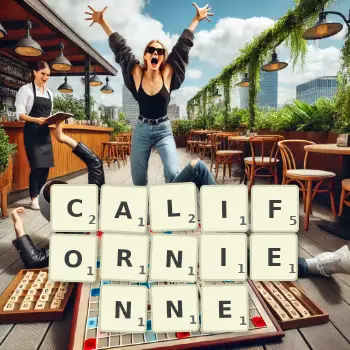 Illustration créative d'un jeu de lettres avec le mot CALIFORNIENNE épelé sur le plateau.