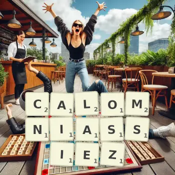 Illustration créative d'un jeu de lettres avec le mot CALOMNIASSIEZ épelé sur le plateau.