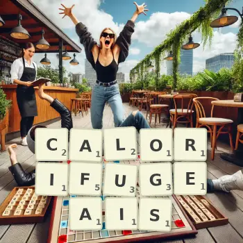 Illustration créative d'un jeu de lettres avec le mot CALORIFUGEAIS épelé sur le plateau.