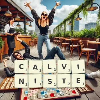 Illustration créative d'un jeu de lettres avec le mot CALVINISTE épelé sur le plateau.