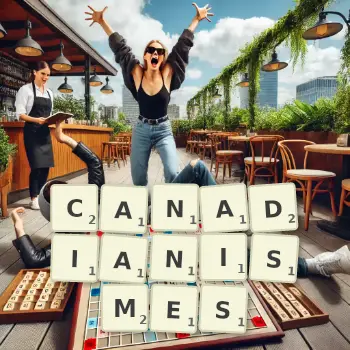 Illustration créative d'un jeu de lettres avec le mot CANADIANISMES épelé sur le plateau.