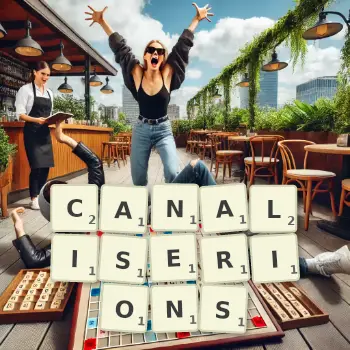 Illustration créative d'un jeu de lettres avec le mot CANALISERIONS épelé sur le plateau.