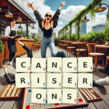 Illustration créative d'un jeu de lettres avec le mot CANCERISERONS épelé sur le plateau.