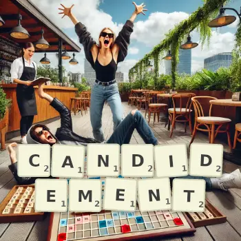 Illustration créative d'un jeu de lettres avec le mot CANDIDEMENT épelé sur le plateau.