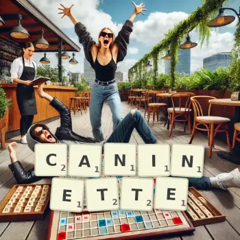 Illustration créative d'un jeu de lettres avec le mot CANINETTE épelé sur le plateau.