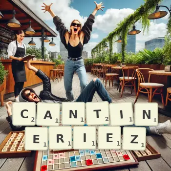 Illustration créative d'un jeu de lettres avec le mot CANTINERIEZ épelé sur le plateau.
