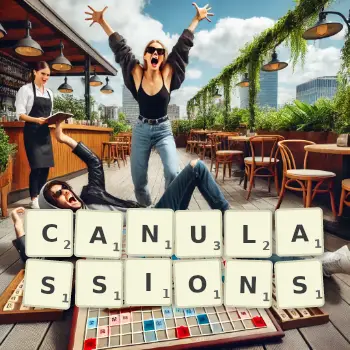 Illustration créative d'un jeu de lettres avec le mot CANULASSIONS épelé sur le plateau.