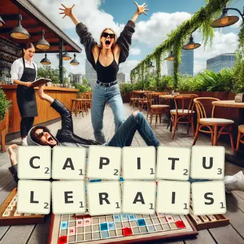 Illustration créative d'un jeu de lettres avec le mot CAPITULERAIS épelé sur le plateau.