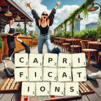 Illustration créative d'un jeu de lettres avec le mot CAPRIFICATIONS épelé sur le plateau.