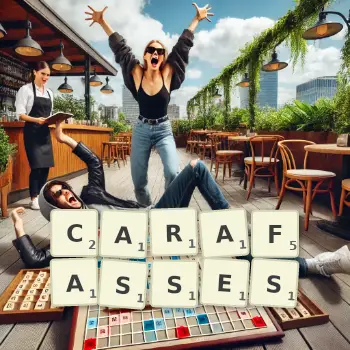 Illustration créative d'un jeu de lettres avec le mot CARAFASSES épelé sur le plateau.