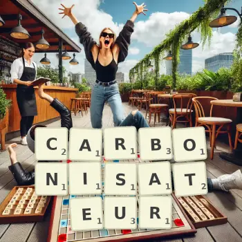 Illustration créative d'un jeu de lettres avec le mot CARBONISATEUR épelé sur le plateau.