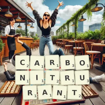 Illustration créative d'un jeu de lettres avec le mot CARBONITRURANT épelé sur le plateau.