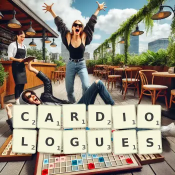 Illustration créative d'un jeu de lettres avec le mot CARDIOLOGUES épelé sur le plateau.