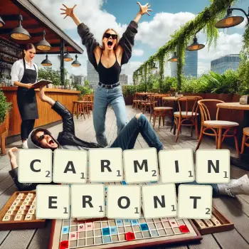 Illustration créative d'un jeu de lettres avec le mot CARMINERONT épelé sur le plateau.