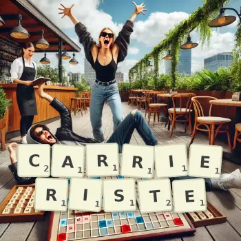 Illustration créative d'un jeu de lettres avec le mot CARRIERISTE épelé sur le plateau.