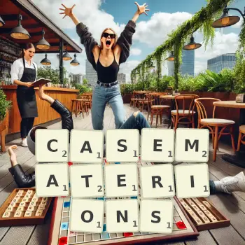 Illustration créative d'un jeu de lettres avec le mot CASEMATERIONS épelé sur le plateau.