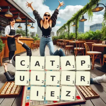 Illustration créative d'un jeu de lettres avec le mot CATAPULTERIEZ épelé sur le plateau.