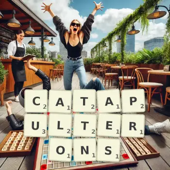 Illustration créative d'un jeu de lettres avec le mot CATAPULTERONS épelé sur le plateau.