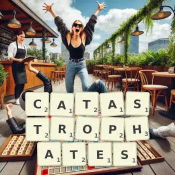 Illustration créative d'un jeu de lettres avec le mot CATASTROPHATES épelé sur le plateau.