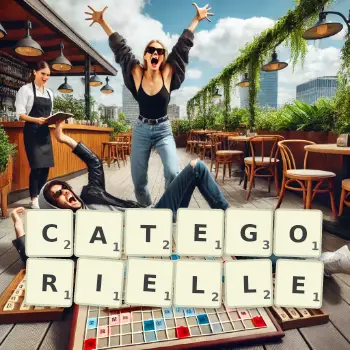 Illustration créative d'un jeu de lettres avec le mot CATEGORIELLE épelé sur le plateau.