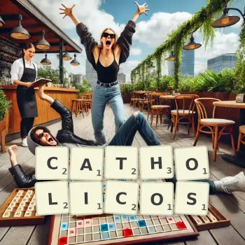 Illustration créative d'un jeu de lettres avec le mot CATHOLICOS épelé sur le plateau.