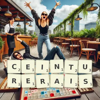 Illustration créative d'un jeu de lettres avec le mot CEINTURERAIS épelé sur le plateau.