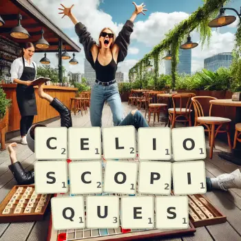 Illustration créative d'un jeu de lettres avec le mot CELIOSCOPIQUES épelé sur le plateau.