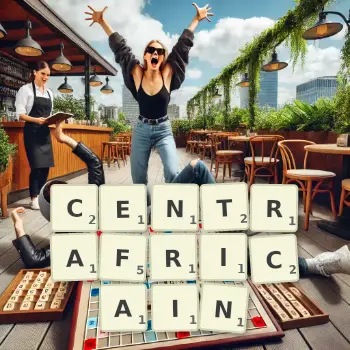 Illustration créative d'un jeu de lettres avec le mot CENTRAFRICAIN épelé sur le plateau.