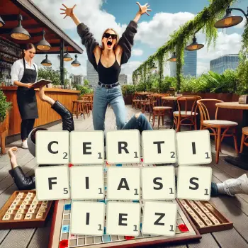Illustration créative d'un jeu de lettres avec le mot CERTIFIASSIEZ épelé sur le plateau.